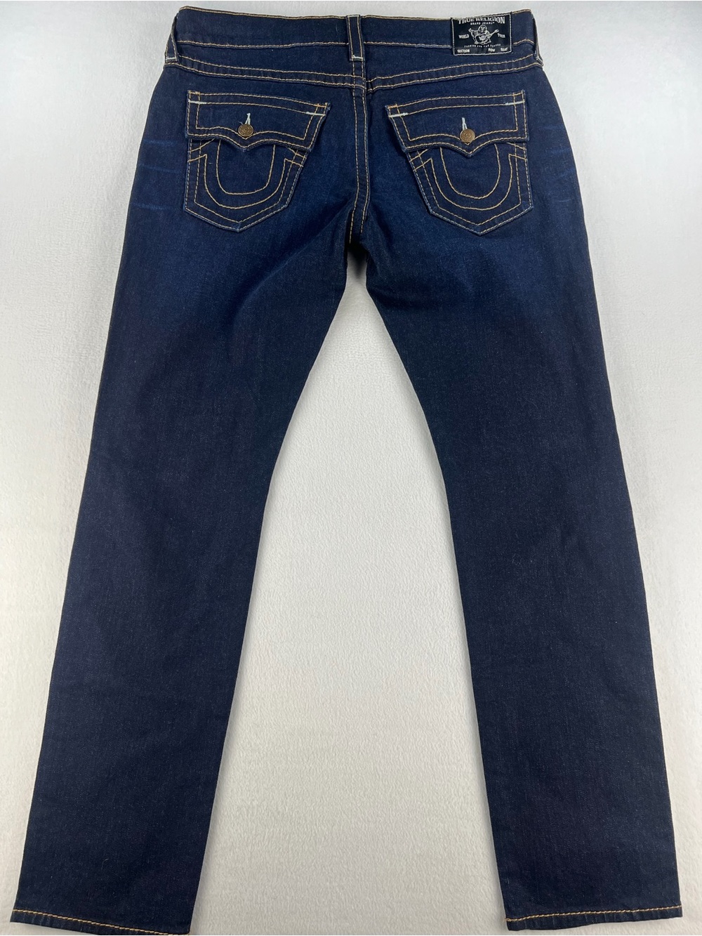 True Religion Mens Geno Flap Slim Fit Jeans Dark Wash Size 38x34 Distressed Knee